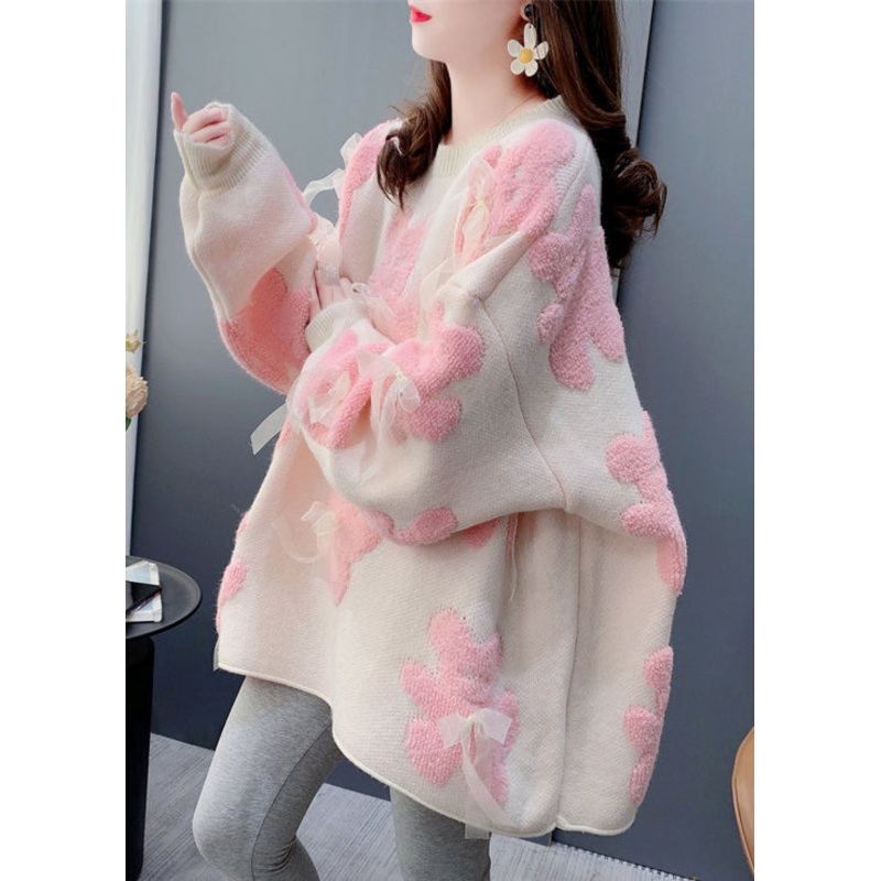 Jacquard White O-Neck Bow Cozy Knit Sweater Spring