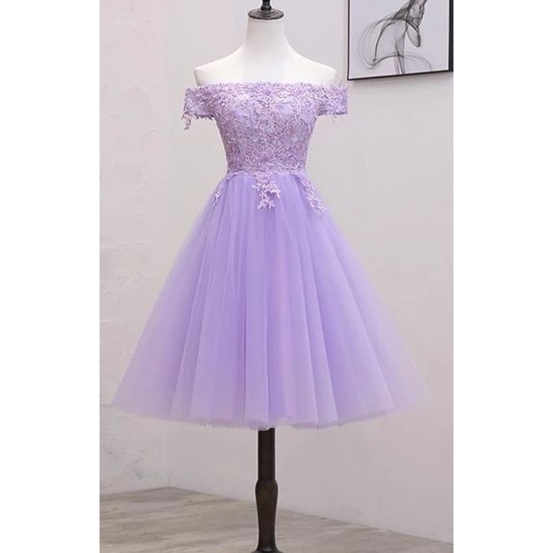 Light Purple Lace Tulle Homecoming Dress Off The Shoulder Short Party Dress  J3865