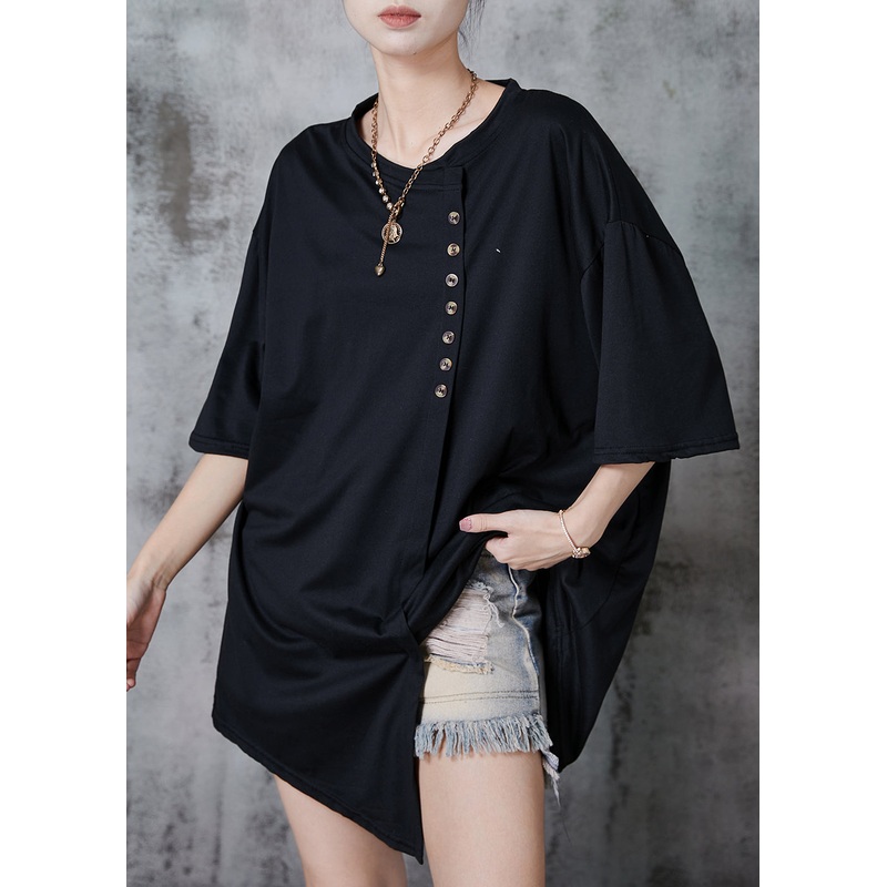 Loose Black Asymmetrical Buttons Cotton Tanks Summer