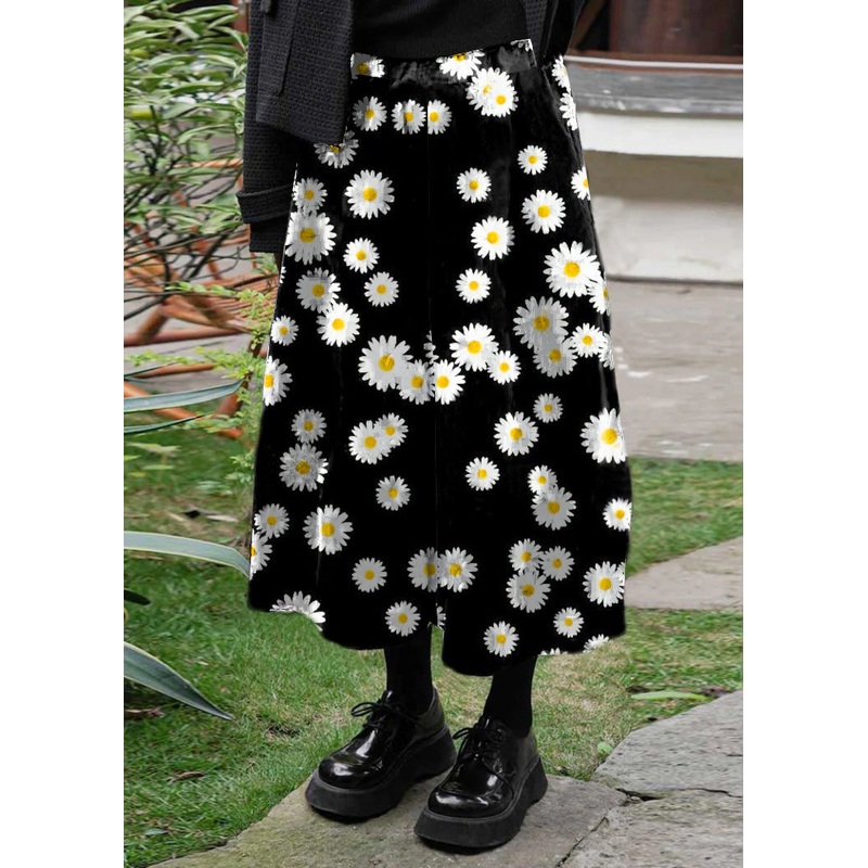 Loose Black Chrysanthemum Elastic Waist Patchwork Corduroy Skirts Winter