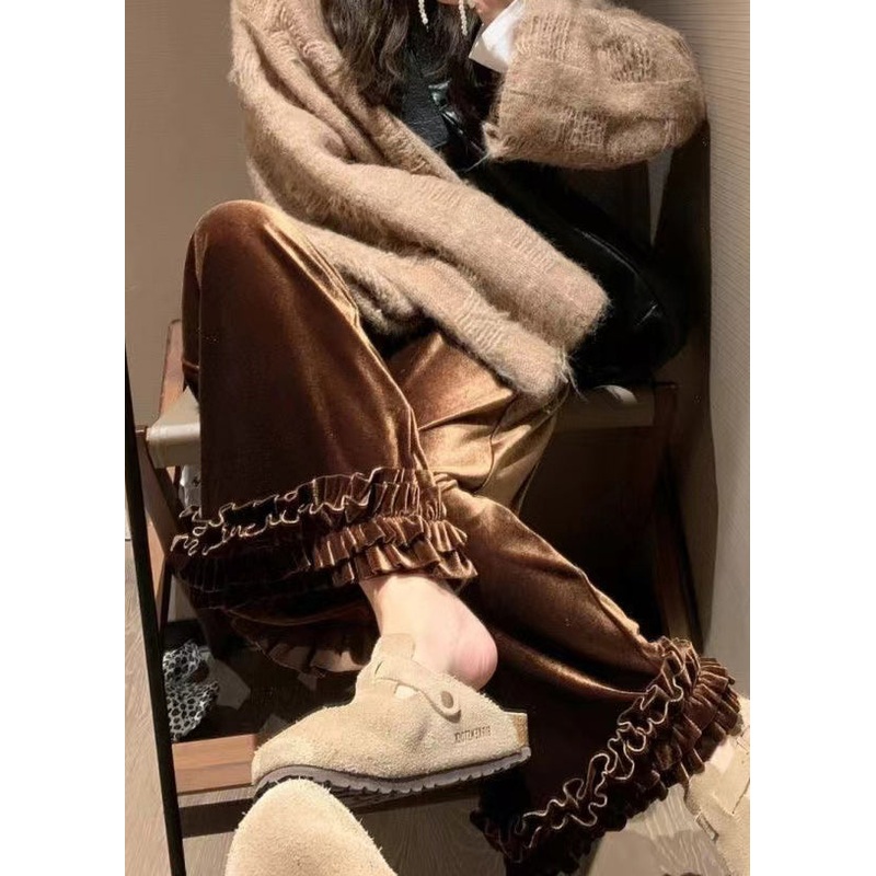 Loose Caramel Ruffled Elastic Waist Silk Crop Pants Winter