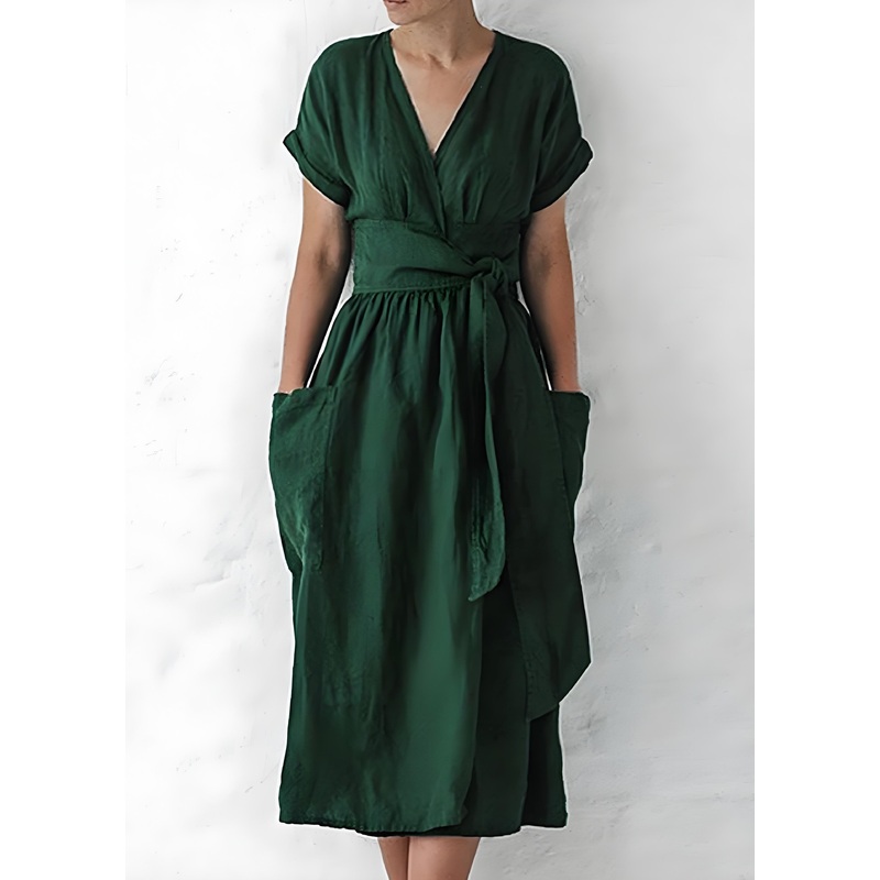 Loose Green V Neck Pockets Tie Waist Cotton Dresses Summer