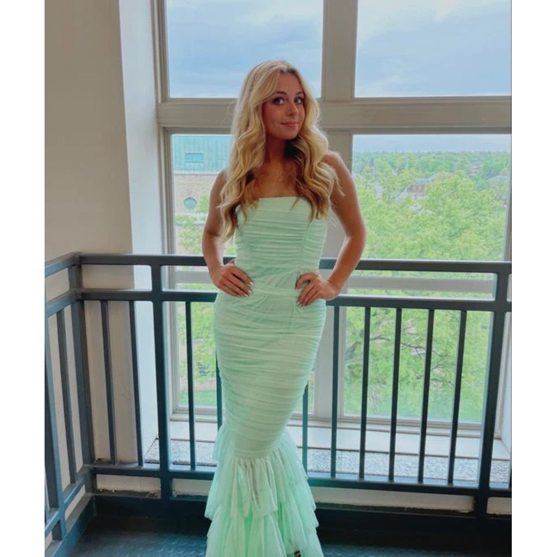 Mermaid Strapless Mint Green Tulle Prom Dress Women Party Dresses J3843