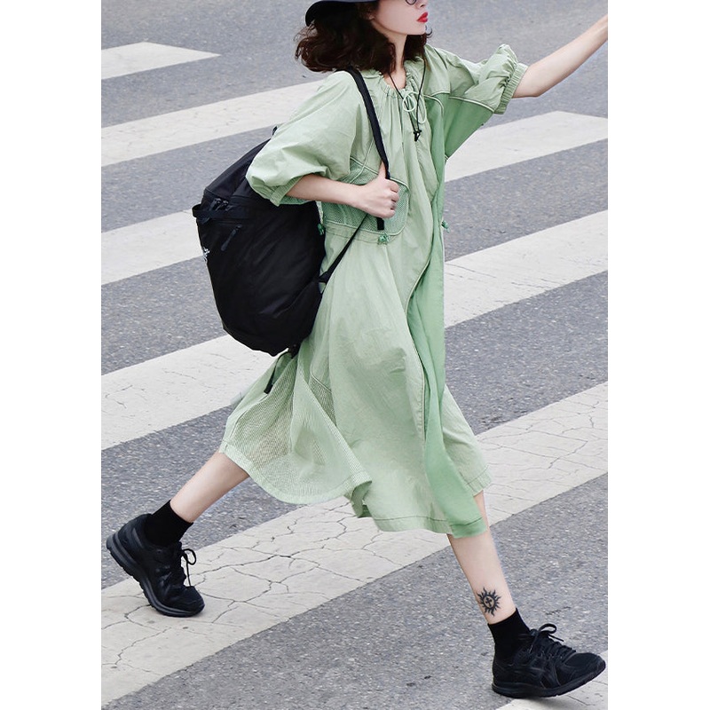 Modern Green Drawstring Wrinkled Patchwork Cotton Dresses Summer