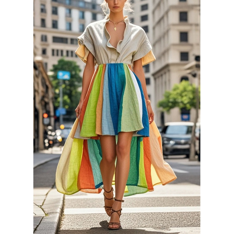 Modern Rainbow Striped Patchwork Low High Design Cotton Dress Summer