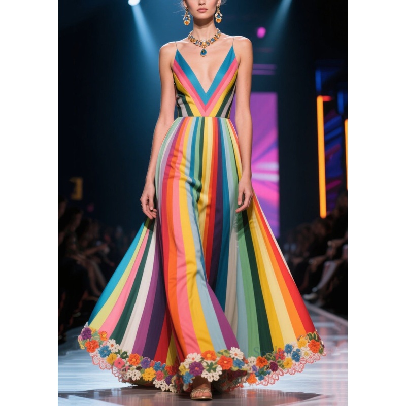 Multicolour Striped Flower Decorated Exra Large Hem Dinner Dresses Summer