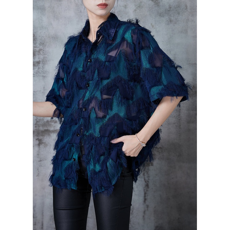 Natural Peacock Blue Tasseled Chiffon Shirt Tops Summer