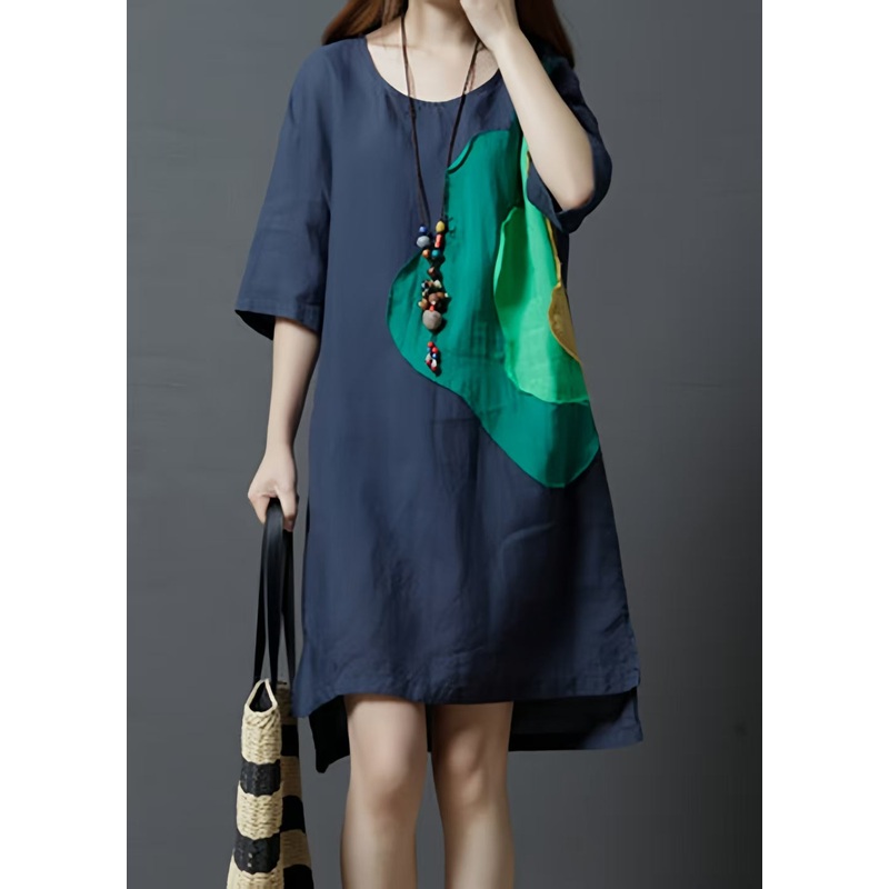 Navy Patchwork Cotton Day Dress Asymmetrical Summer