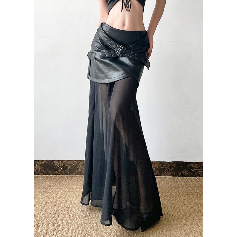 New Black High Waist Tulle Patchwork Faux Leather Skirt Summer