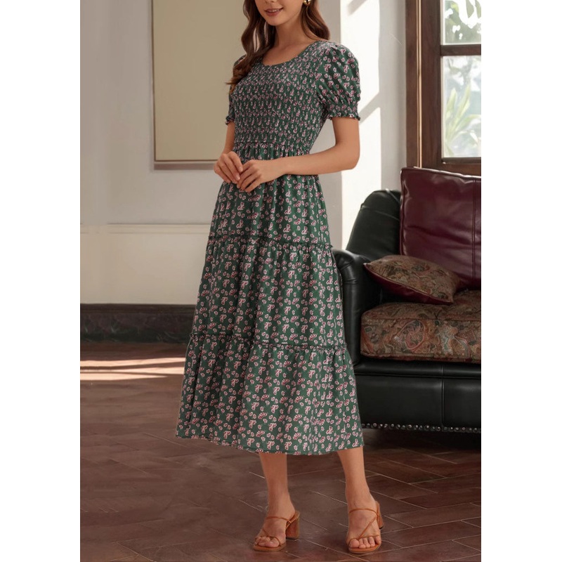 New Green Print High Waist Cotton Long Dresses Summer