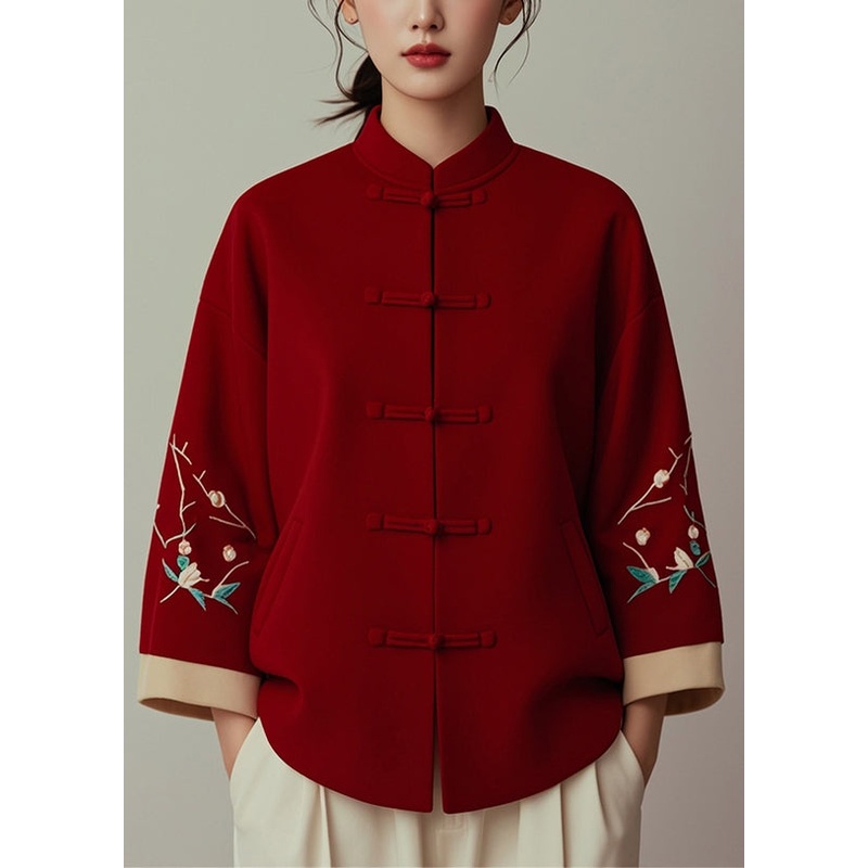 New Red Stand Collar Button Print Cotton Coat Spring