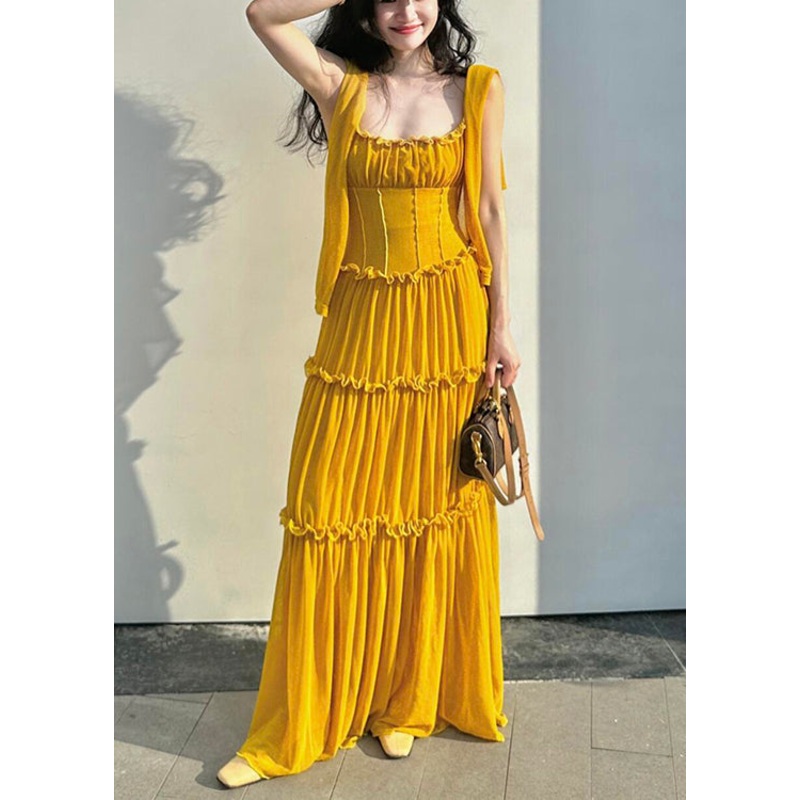 New Yellow Ruffled Solid Cotton Spaghetti Strap Dress Sleeveless