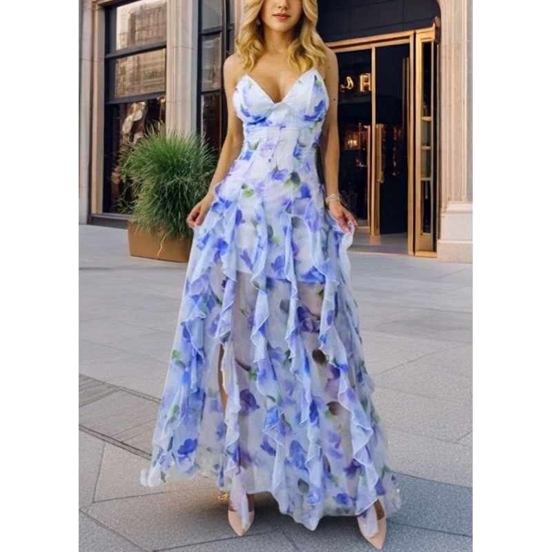 Novelty Blue V Neck Print Backless Chiffon Spaghetti Strap Dress Sleeveless