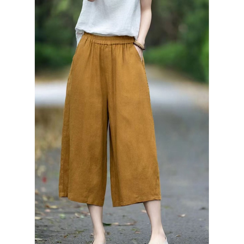 Plus Size Yellow Oversized Pockets Linen Pants Summer