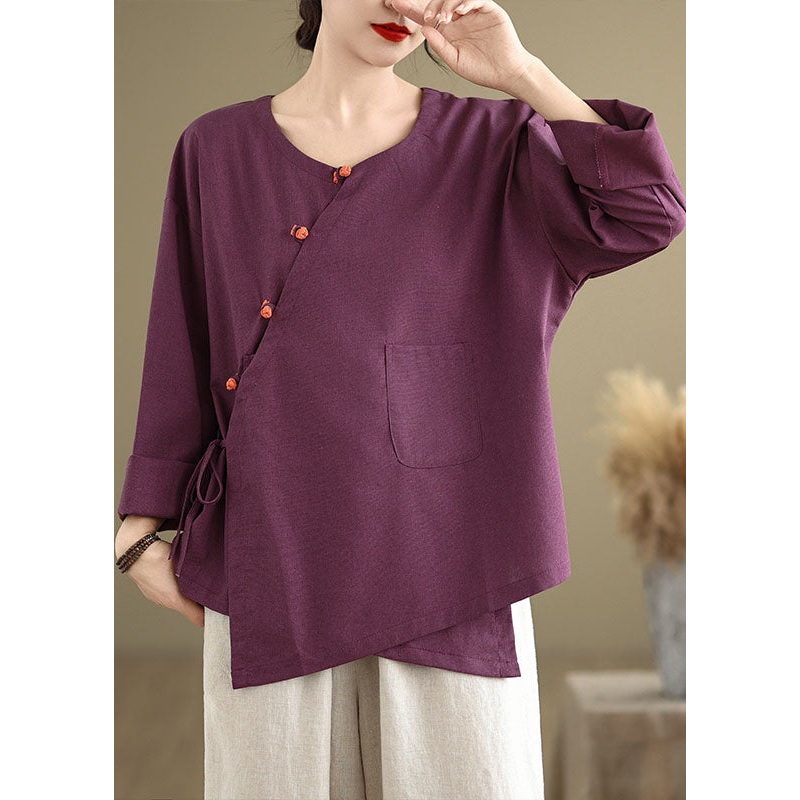 Purple Pockets Patchwork Cotton Blouses O Neck Lace Up Spring