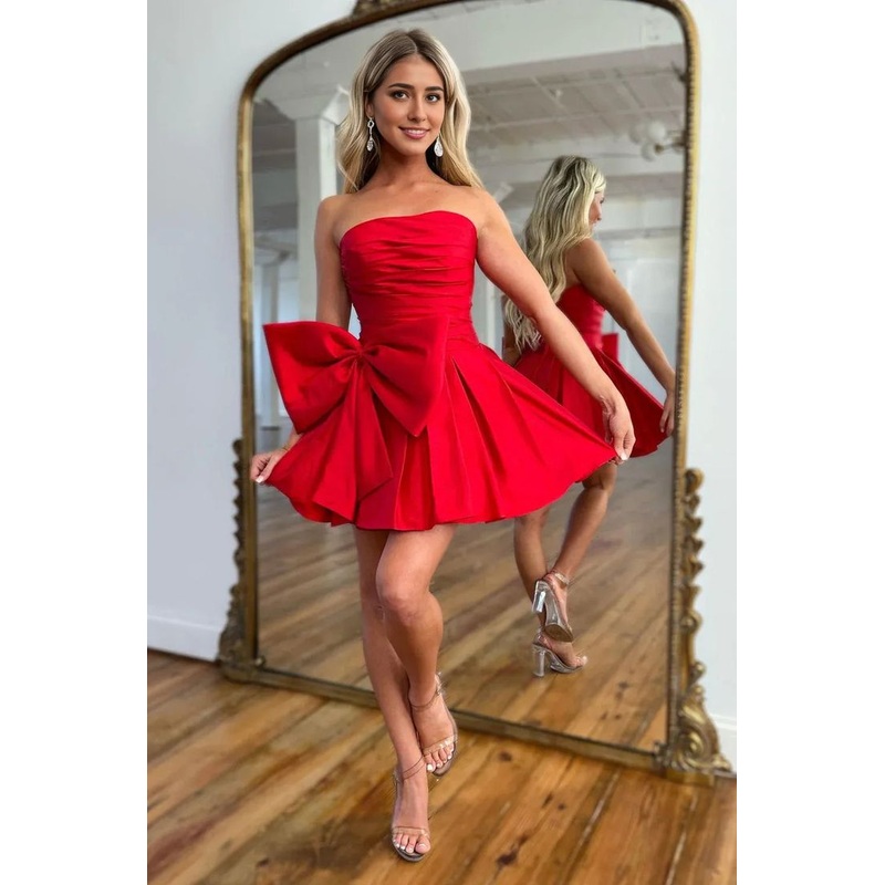 Red A Line Strapless Short Satin Homecoming Dress J4332