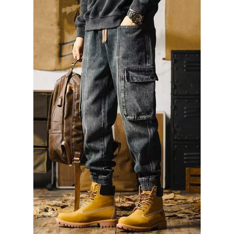 Retro Denim Blue Pockets Men Beam Pants Elastic Waist Spring