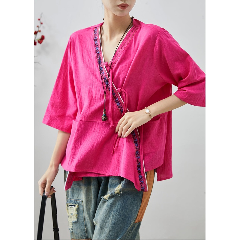 Rose Cotton Blouses Embroidered Tasseled Summer