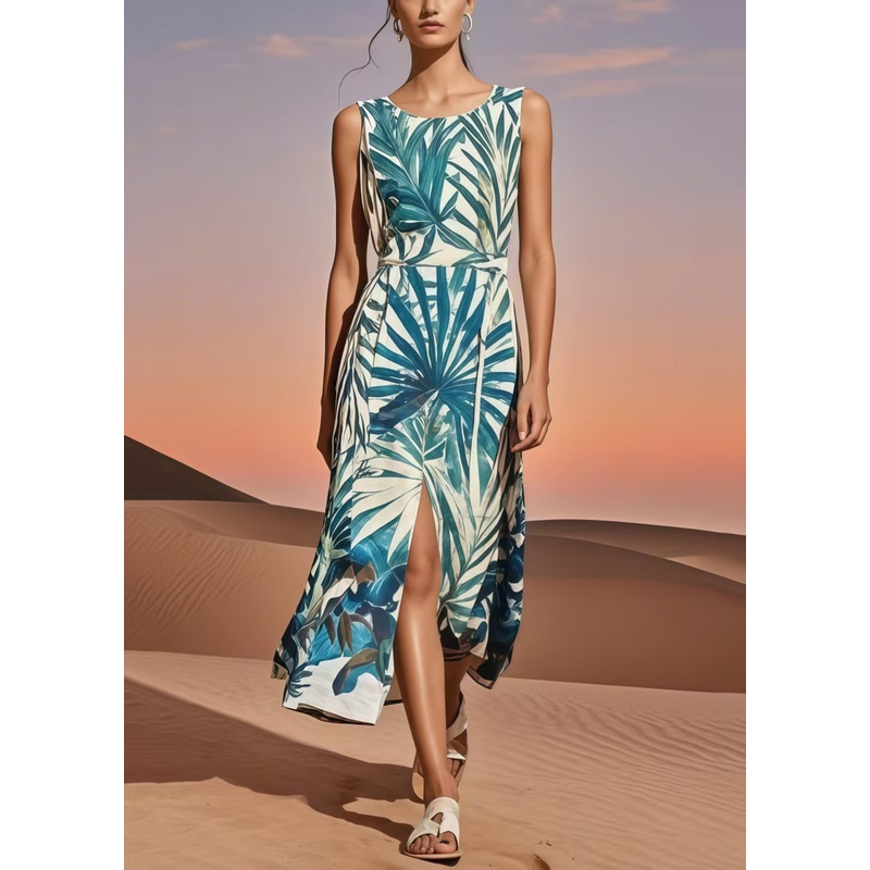 Silm Fit Blue Print Side Open Cotton Day Dress Summer