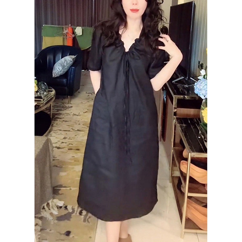 Simple Black V Neck Lace Up Pockets Linen Long Dress Summer