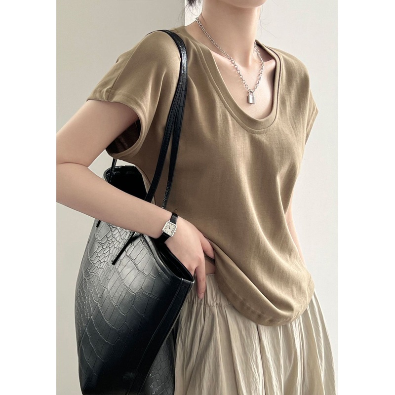 Simple Coffee O Neck Solid Cotton T Shirt Summer