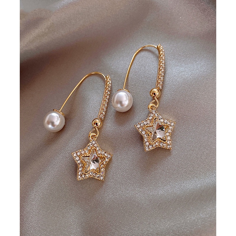 Skinny Gold Copper Alloy Pentagram Crystal Pearl Drop Earrings