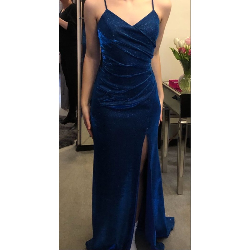 Spaghetti Straps Navy Sheath Sparkly Long Prom Dresses With Slit J2649