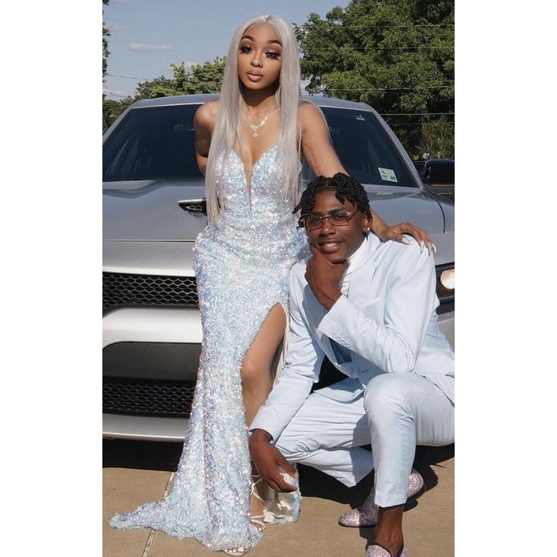 Spaghetti Straps Sequins Long Prom Dress Sheath Evening Gown With Slit 2100