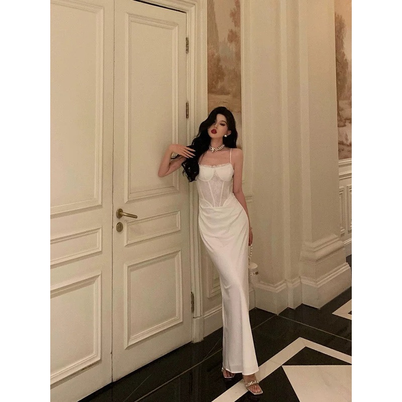 Spaghetti Straps White Sheath Evening Dress Lace Prom Dress J6174