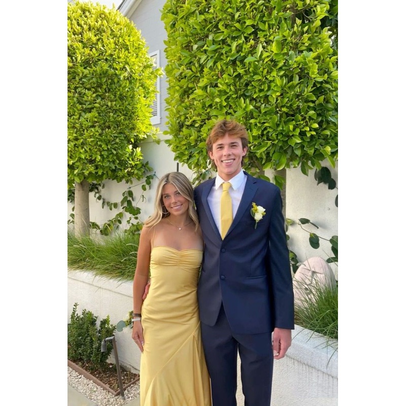 Spaghetti Straps Yellow Satin Long Prom Dress With Slit J4447