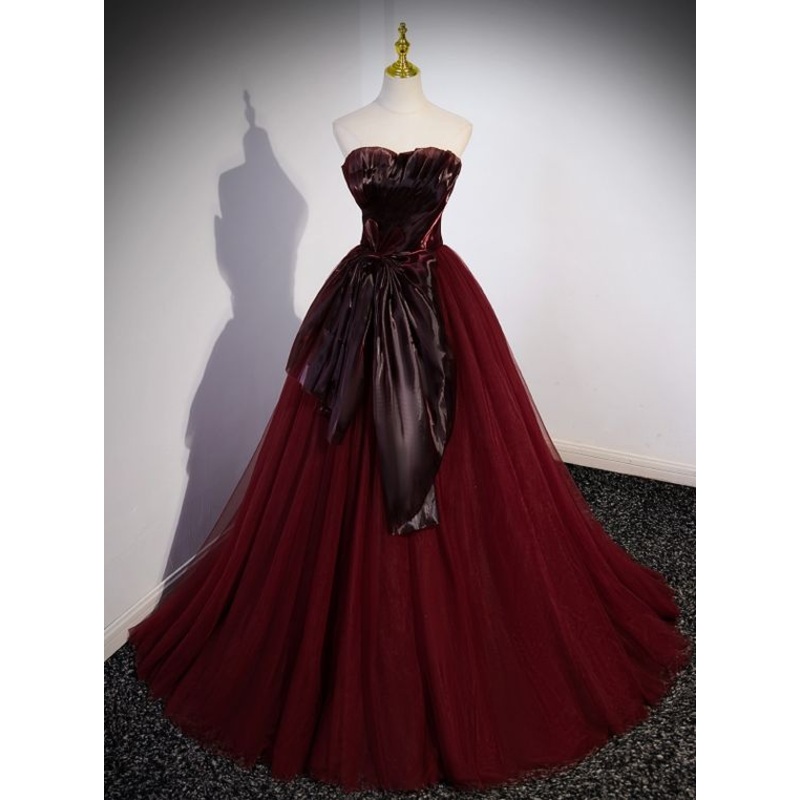 Strapless Burgundy Tulle Long Prom Dress A Line Formal Gown J4662