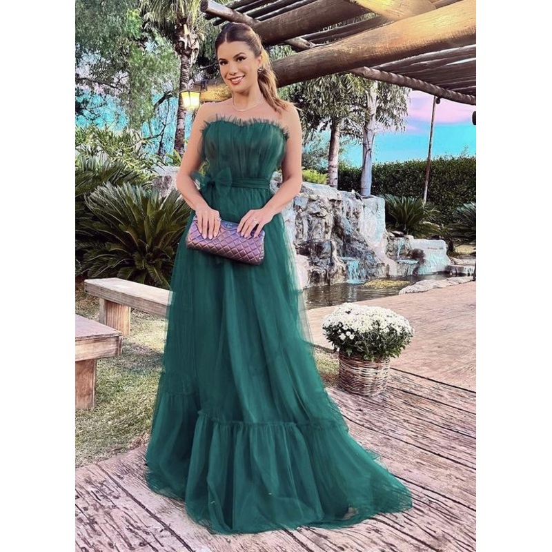 Strapless Green A Line Prom Dress Formal Tulle Evening Prom Gown 2155