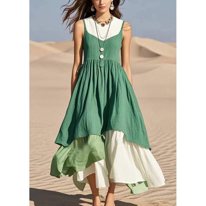 Stylish Green Exra Large Hem Patchwork Cotton Fake Two Piece Dress Sleeveless