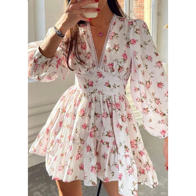 Stylish Pink V Neck Print Lace Cotton Mid Dress Spring