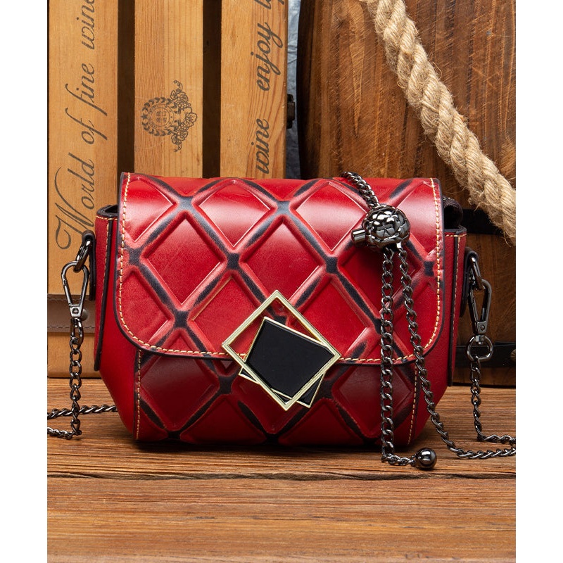 Stylish Red Calf Leather Chain Linked Messenger Bag