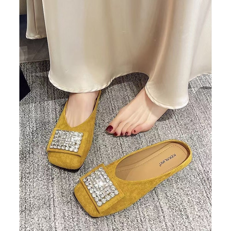 Stylish Versatile Yellow Suede Zircon Slide Sandals