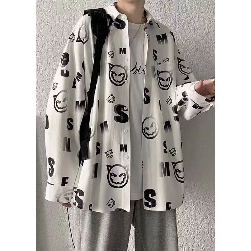 Unique White Peter Pan Collar Print Cotton Mens Shirts Spring