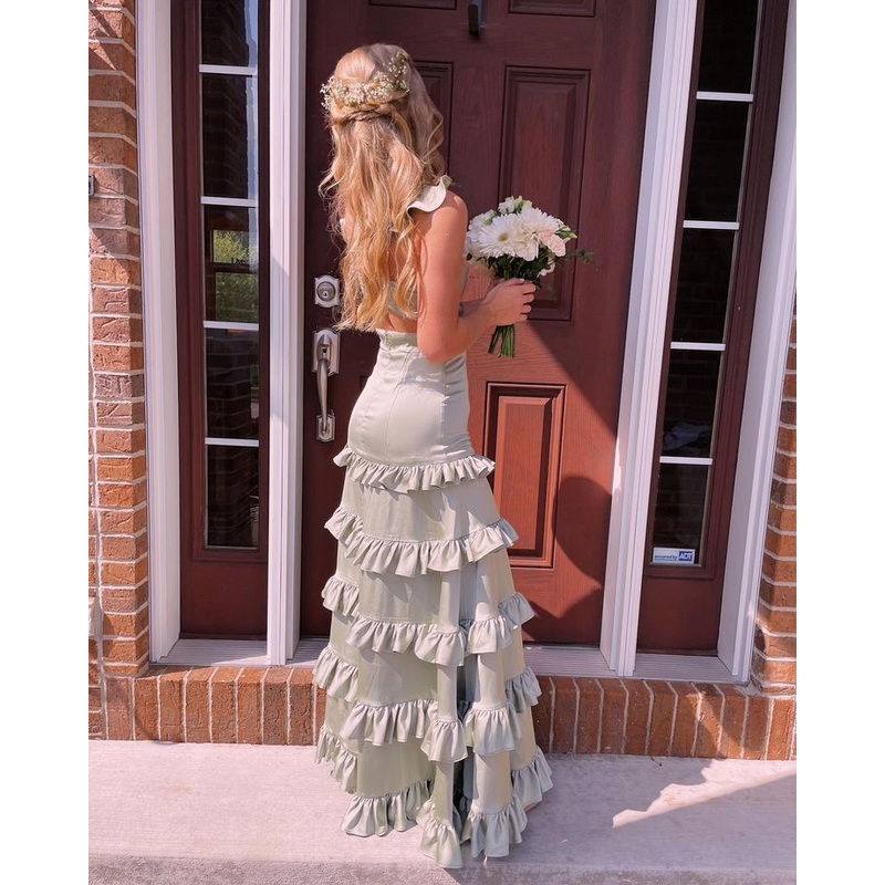 V Neck A Line Ruffle Prom Dress Satin Formal Dress J5370