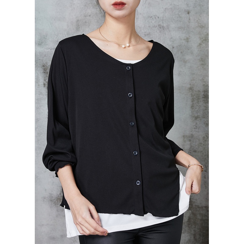 Women Black Asymmetrical Patchwork Cotton Sweatshirts Top Spring