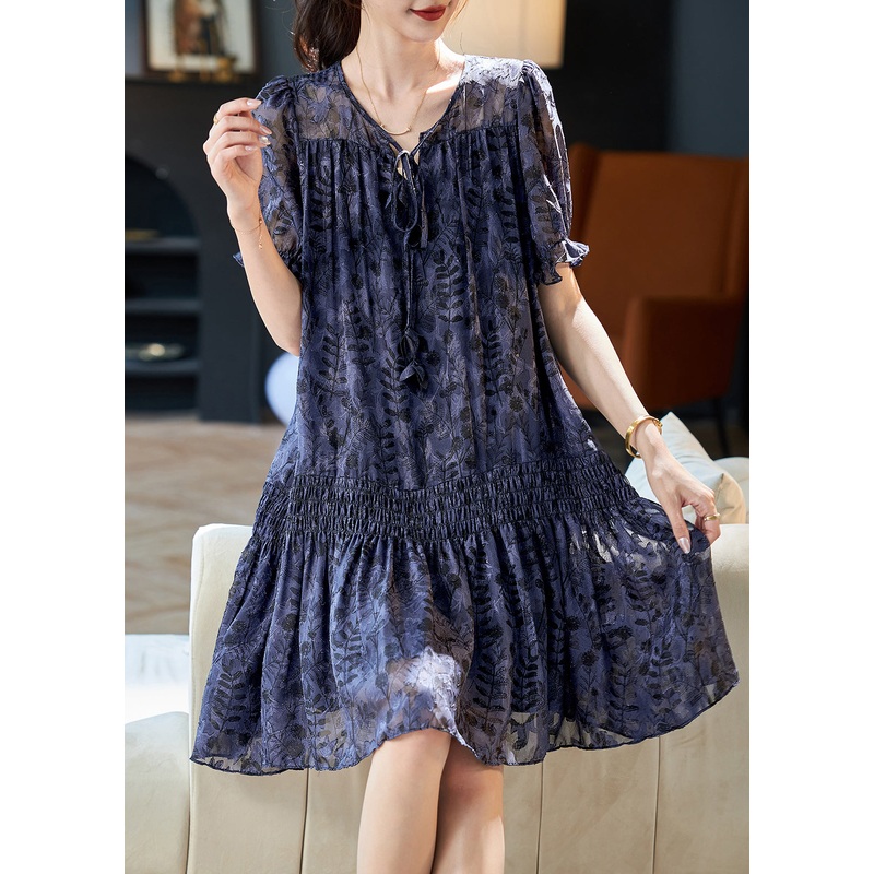 Women Navy V Neck Print Patchwork Chiffon Dress Summer