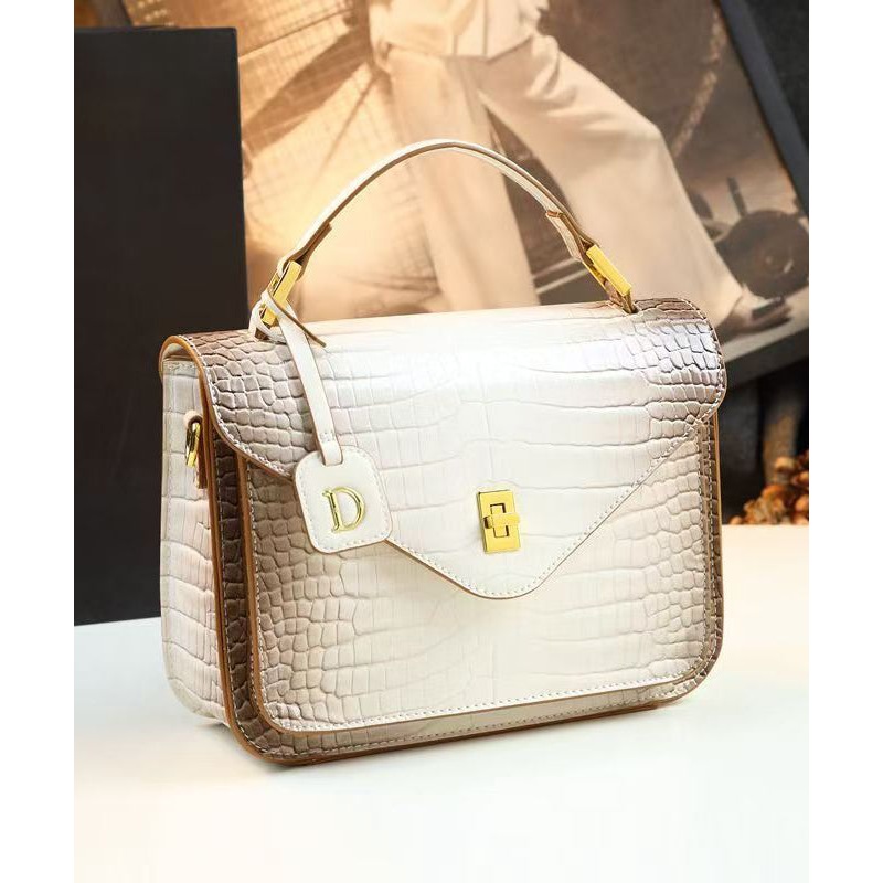 2025 New Beige Embossed Durable Calf Leather Tote Handbag