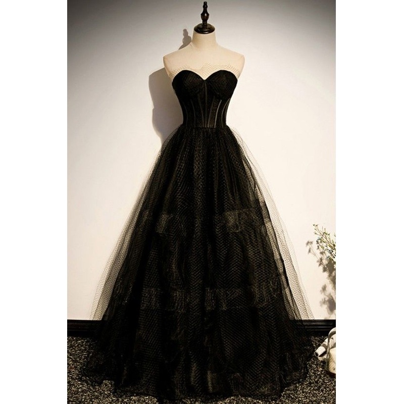 A Line Strapless Black Tulle Evening Prom Dress 2247