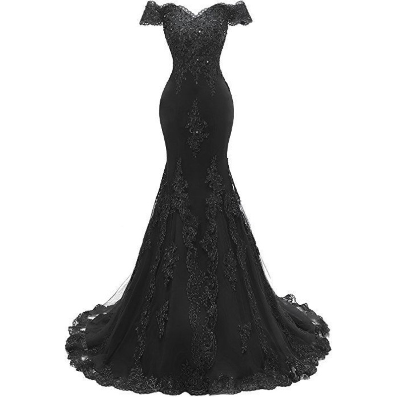 Applique Off The Shoulder Black Mermaid Long Evening Dresses 2549