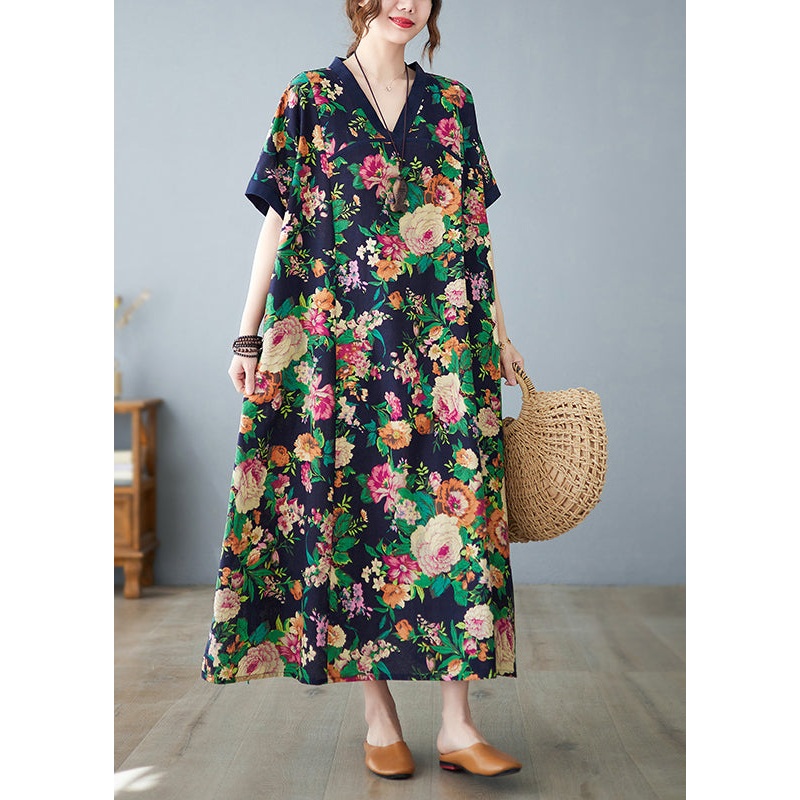 Art Navy Print Cotton Dress Oversized Summer