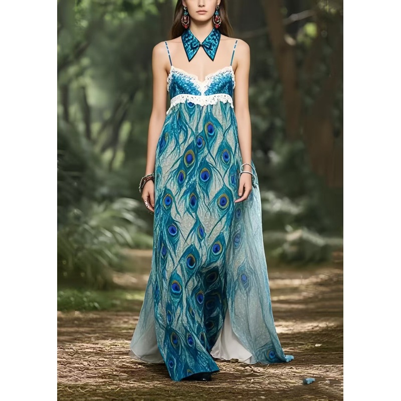 Beautiful Peacock Blue Print Chiffon Strapless Dress Summer