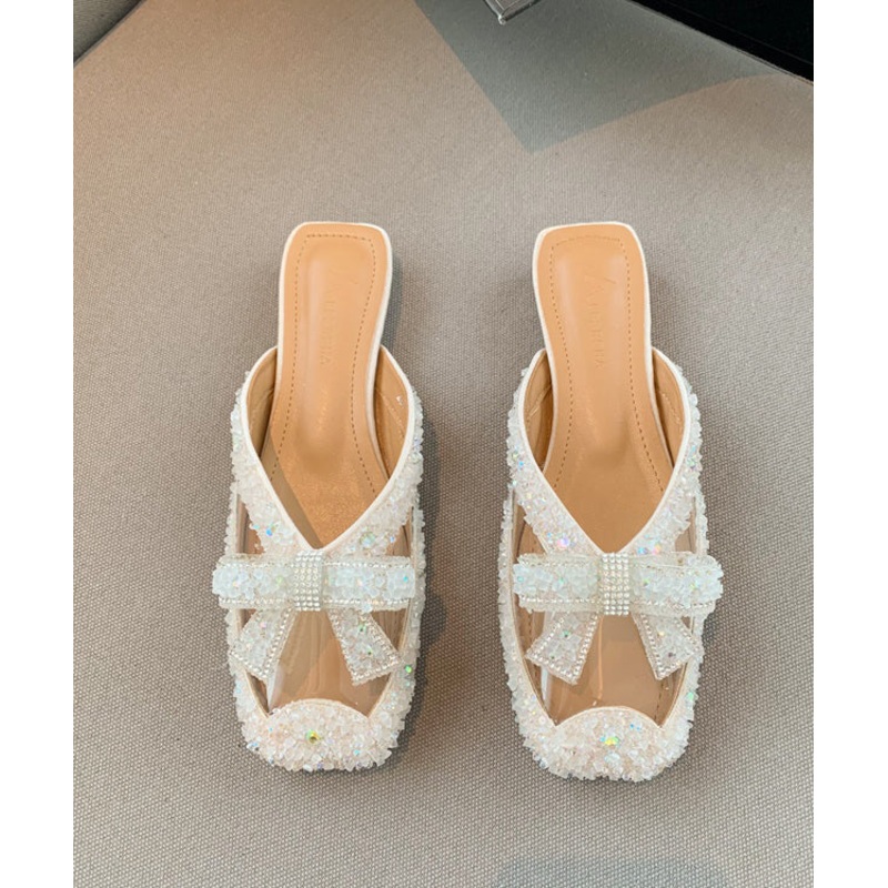Beige Bow Zircon Splicing Stylish Slide Sandals