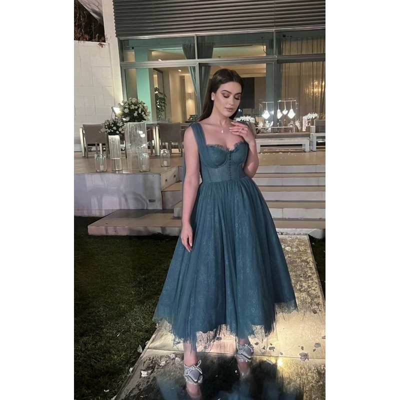 Blue A Line Tulle Prom Dress Lace Party Gown J4816