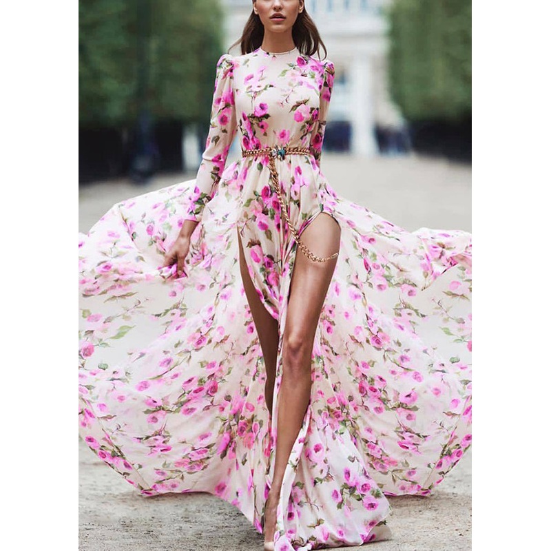 Bohemian Pink Print Side Open Exra Large Hem Maxi Dress Long Sleeve