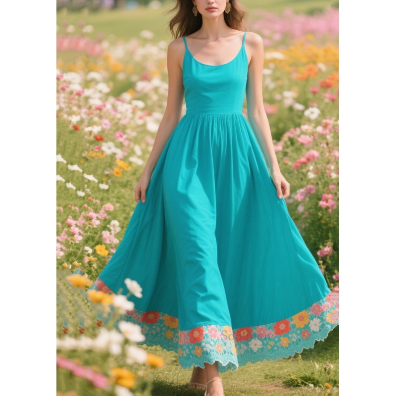 Boho Blue Patchwork Exra Large Hem Cotton Long Dresses Summer