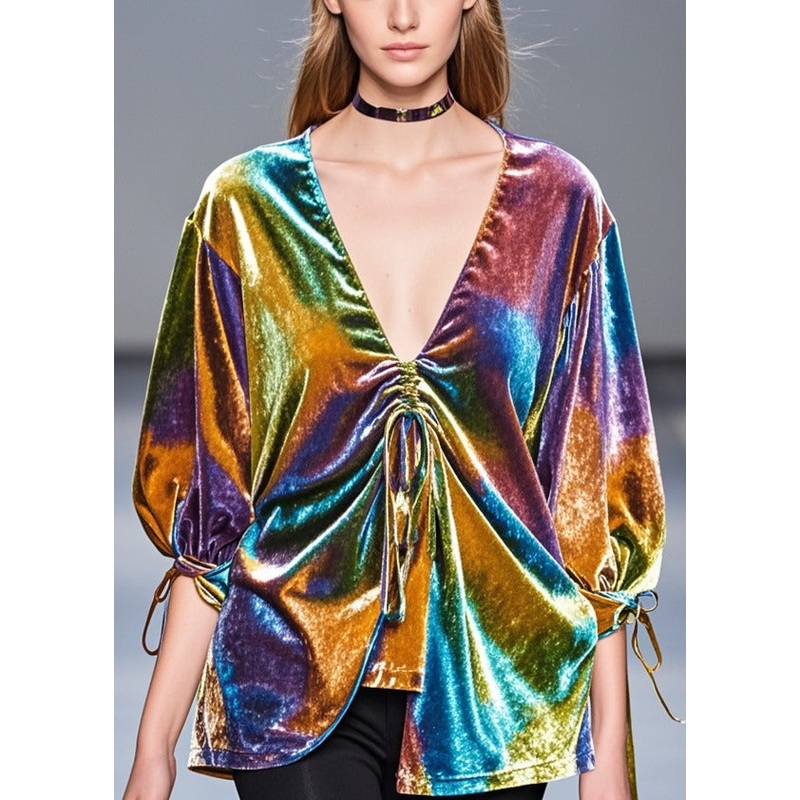 Boho Multicolour Asymmetrical Drawstring Silk Velour Shirt Top Spring
